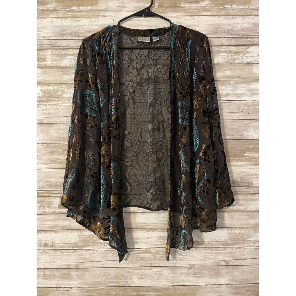 Chicos Paisley Fine Knit Shimmery Open Front Cardigan Size 0 / XS Brown Blue​